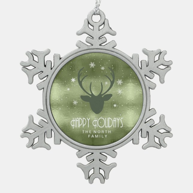 Silhouette der Hirschgeweihe und Schneeflocken Grü Schneeflocken Zinn-Ornament (Vorderseite)