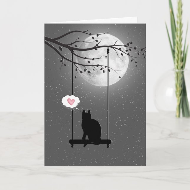 Silhouette der Katze auf einer Schaukel im Mondsch Karte (Vorderseite)