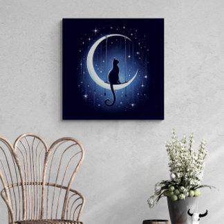 Silhouette der Katze, die vom Mond des Halbmondes  Leinwanddruck