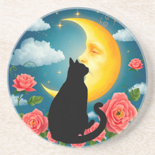 Silhouette der Katze vor dem Mond Getränkeuntersetzer
