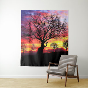 Silhouette der Nachtbäume im Wald - Schwarzer Baum Wandteppich