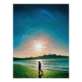 Silhouette der Person, die bei Sunset am Strand sp Fotodruck