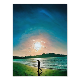 Silhouette der Person, die bei Sunset am Strand sp Fotodruck