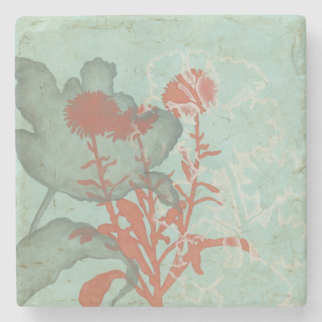 Silhouette der roten Blumen auf aquamarinem Steinuntersetzer (Vorderseite)
