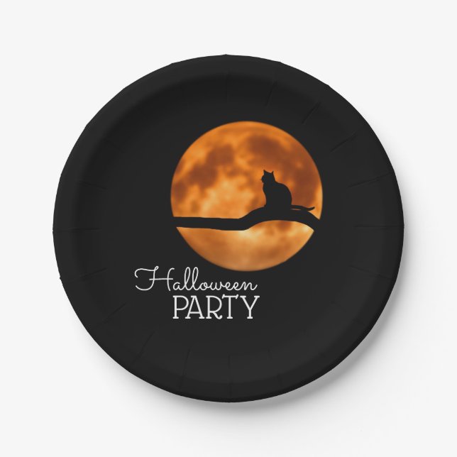 Silhouette des Blutes Mond und Katze, Halloween-Pa Pappteller (Vorderseite)