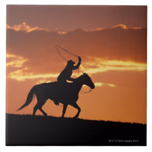 Silhouette des Cowboys auf Pferderuecken nahe Fliese