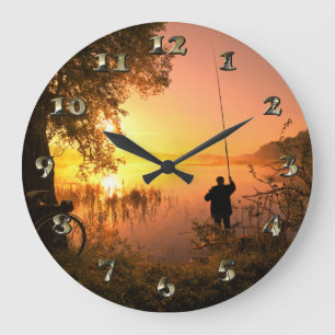 Silhouette des Fischers auf See am Sonnenuntergang Große Wanduhr