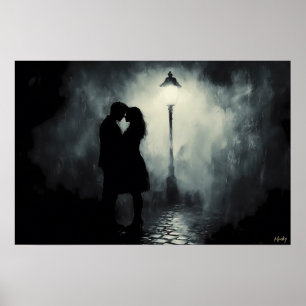 Silhouette des romantischen Paares in Misty Street Poster