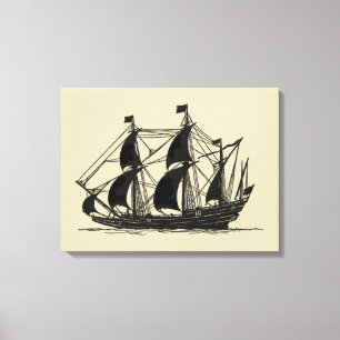 Silhouette des Schiffs mit türmenden Segeln Leinwanddruck
