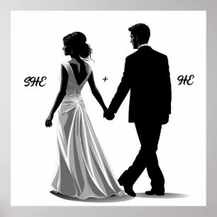 Silhouette einer Braut und eines Bräutigams Poster