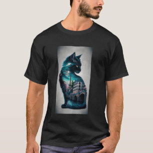 Silhouette einer Katze mit nächtlicher Stadtlandsc T-Shirt