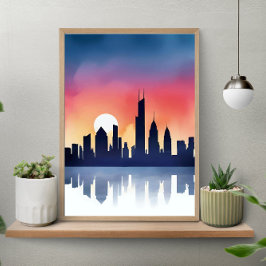 Silhouette einer Stadtlandschaft bei Sonnenunterga Poster