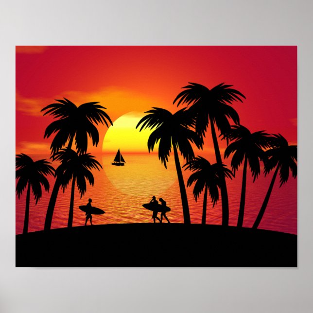 Silhouette einer tropischen Insel bei Sonnenunterg Poster (Vorne)
