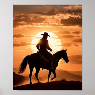 Silhouette eines Cowboys am Pferd bei Sunset Poster