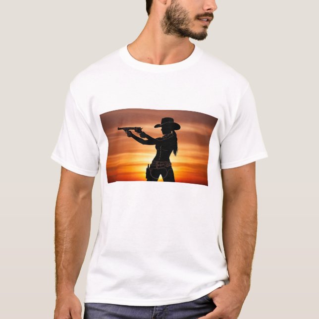 Silhouette eines Cowgirl mit Schusswaffe T-Shirt (Vorderseite)
