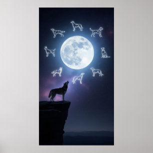Silhouette eines Huskyheulens auf einer Klippe Poster