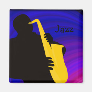 Silhouette eines Jazzspielers, blau u. lila Magnet