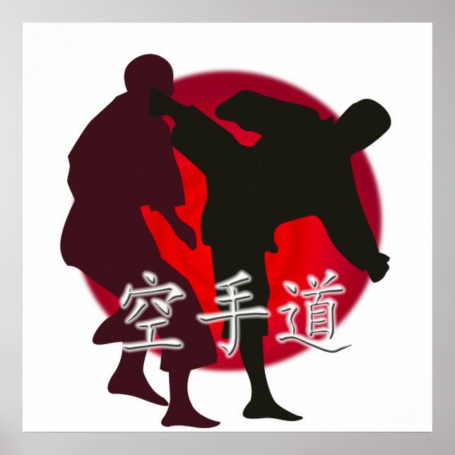 Silhouette eines Karate-Kampfes. Hintergrund der r Poster (Vorne)