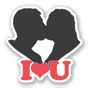 Silhouette eines küssenden Paares mit "I♥U" Aufkleber