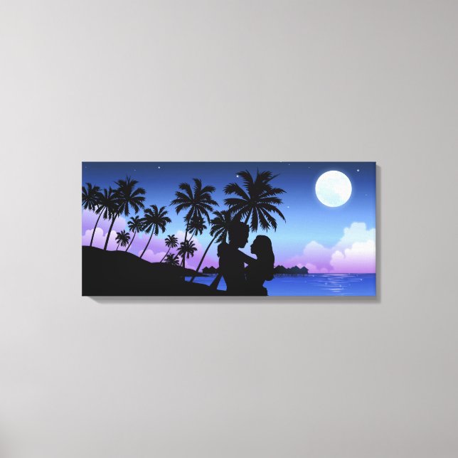 Silhouette eines Paares, das sich am Strand befind Leinwanddruck (Vorderseite)