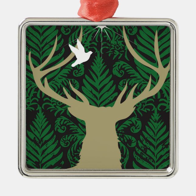 Silhouette eines Rotwilds, der Taube und des Silbernes Ornament (Vorne)