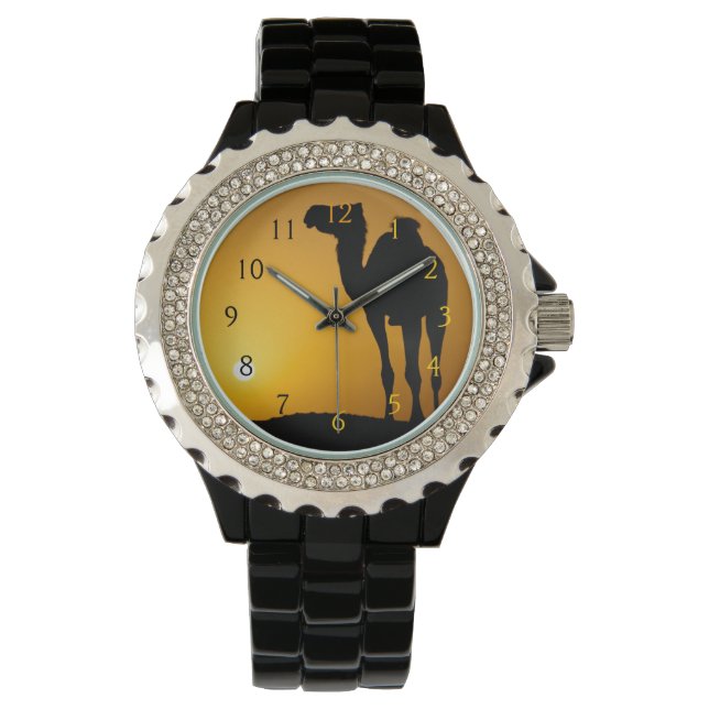Silhouette eines wilden Kamels bei Sonnenuntergang Armbanduhr (Vorderseite)