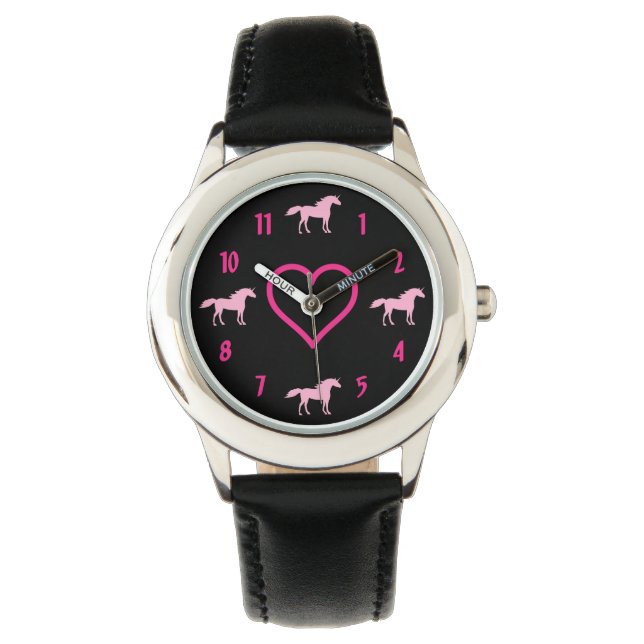 Silhouette Einhörner und Herz-Rosa und Schwarze Mä Armbanduhr (Vorderseite)