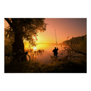 Silhouette Fisherman am See bei Sunset Poster