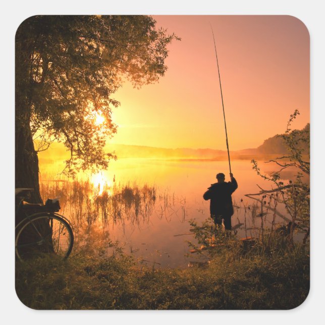 Silhouette Fisherman am See bei Sunset Quadratischer Aufkleber (Vorderseite)