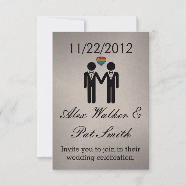 Silhouette Gay Grooms mit Regenbogenherz Einladung (Vorderseite)