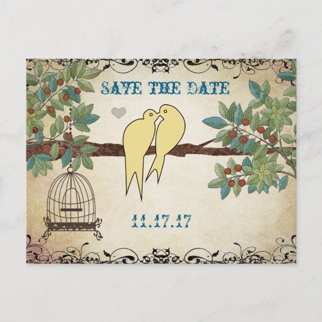 Silhouette Gelber Vogelkäfig Save the Date Ankündigungspostkarte (Vorderseite)