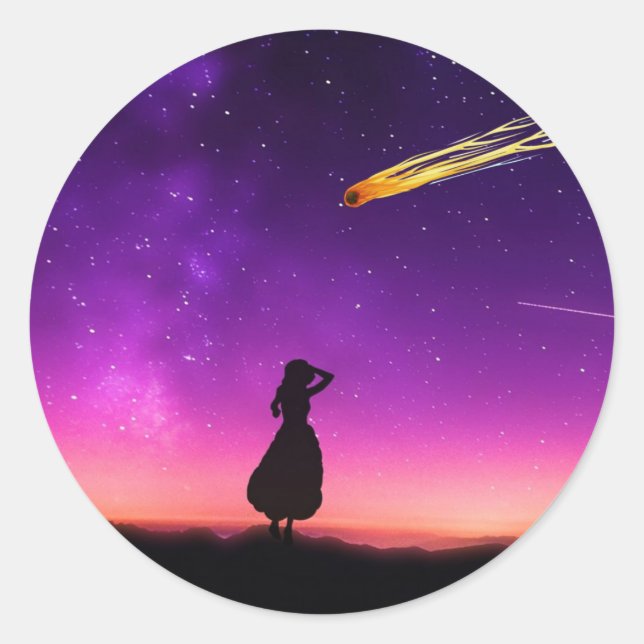 Silhouette Girl beobachtet Meteorabsturz auf der E Runder Aufkleber (Vorderseite)