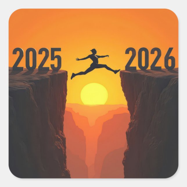 Silhouette im Jahr 2026 Abschied von einer Klippe Quadratischer Aufkleber (Vorderseite)