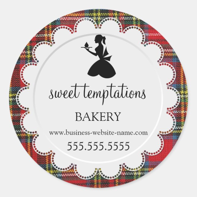 Silhouette Lady Cupcake Tartan Bäckerei Verpackung Runder Aufkleber (Vorderseite)