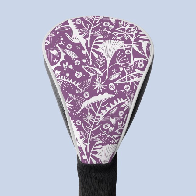 Silhouette Lila botanisch Golf Headcover (Purple and white botanical leaf and flower silhouette pattern golf head cover)