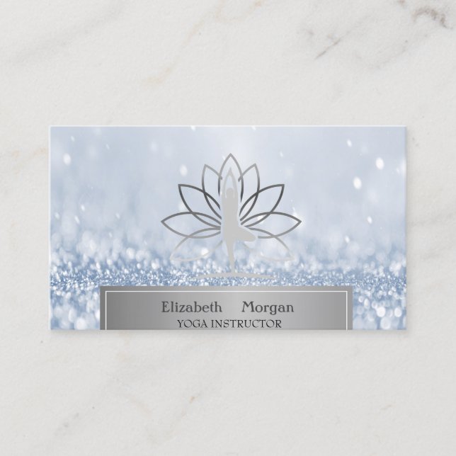 Silhouette Lotus Yoga Instructor Blue Bokeh Visitenkarte (Vorderseite)