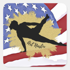 Silhouette Male Gymnast - Amerikanische Flagge Quadratischer Aufkleber