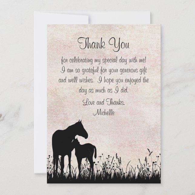 Silhouette Mare and Foal Horse Babydusche Dankeskarte (Vorderseite)