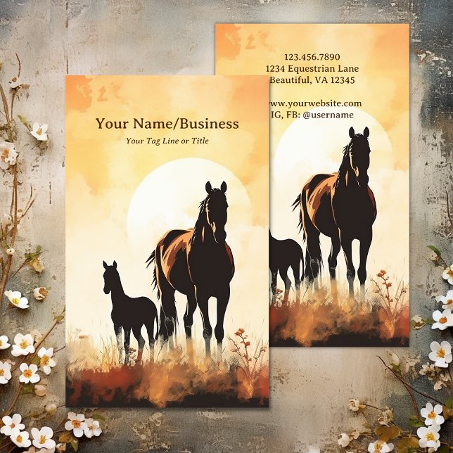 Silhouette Mare and Foal Horse Sunset Reittier Visitenkarte (Silhouette Mare and Foal Horse Sunset Equestrian Business Card)