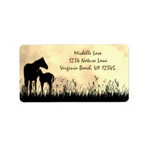 Silhouette Mare and Foal in a Field Horse Address Adressaufkleber