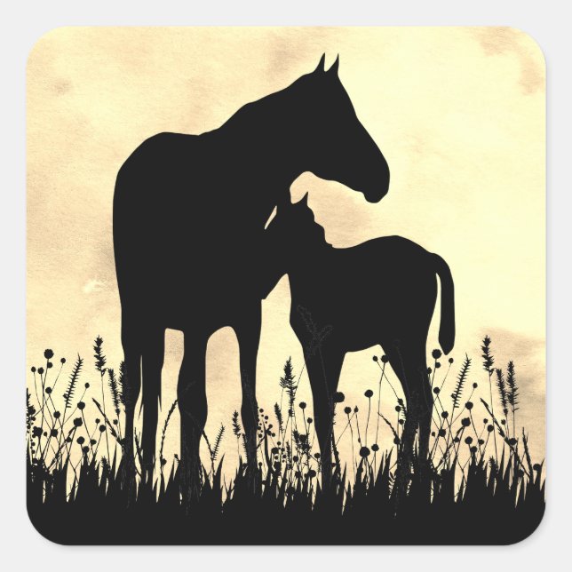 Silhouette Mare and Foal in Field Horse Quadratischer Aufkleber (Vorderseite)