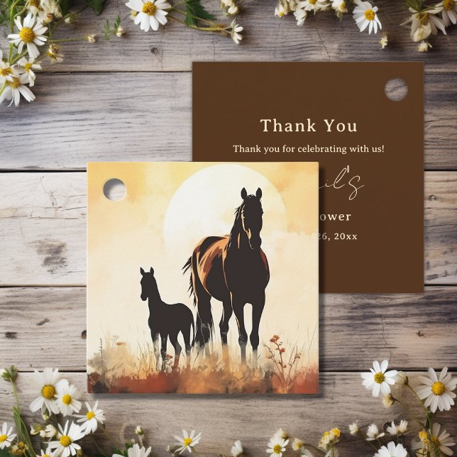 Silhouette Mare and Foal Sunset Horse Baby Dusche Geschenkanhänger (Silhouette Mare and Foal Sunset Horse Baby Shower Favor Tags)