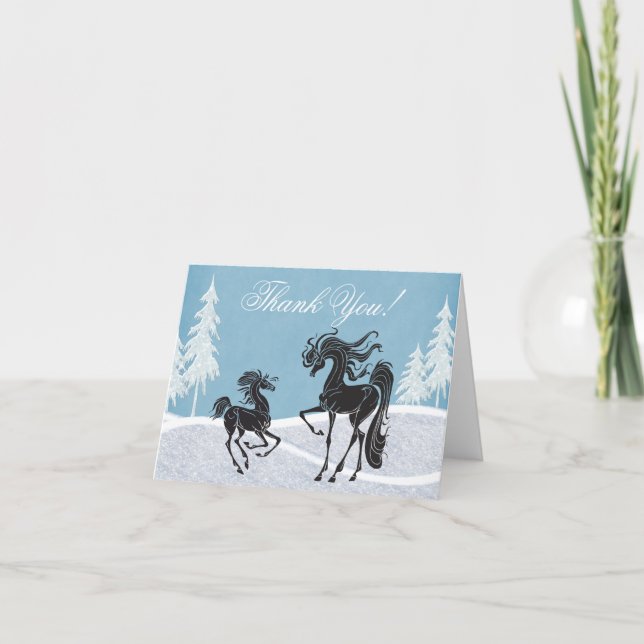 Silhouette Mare und Foal Winter Horse Dankeskarte (Vorderseite)