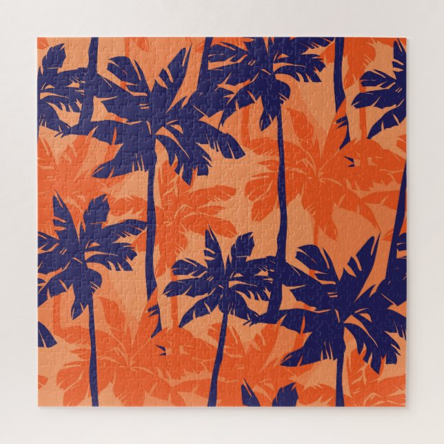 Silhouette mit blauer Palme, orangefarbener Hinter (Vertikal)