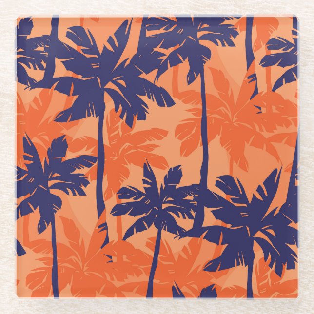 Silhouette mit blauer Palme, orangefarbener Hinter Glasuntersetzer (Vorderseite)
