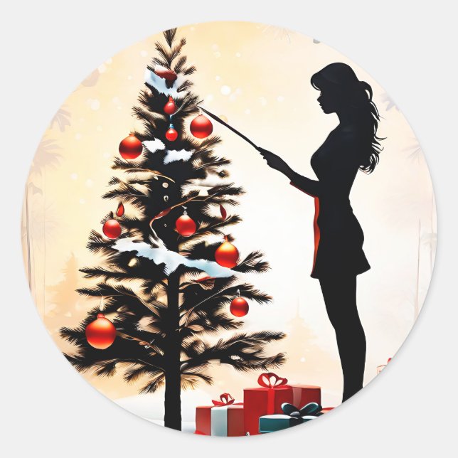 Silhouette mit dekoriertem Weihnachtsbaum Runder Aufkleber (Vorderseite)