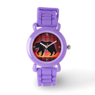 Silhouette mit schwarzem Bär auf Kariertem Rot Armbanduhr
