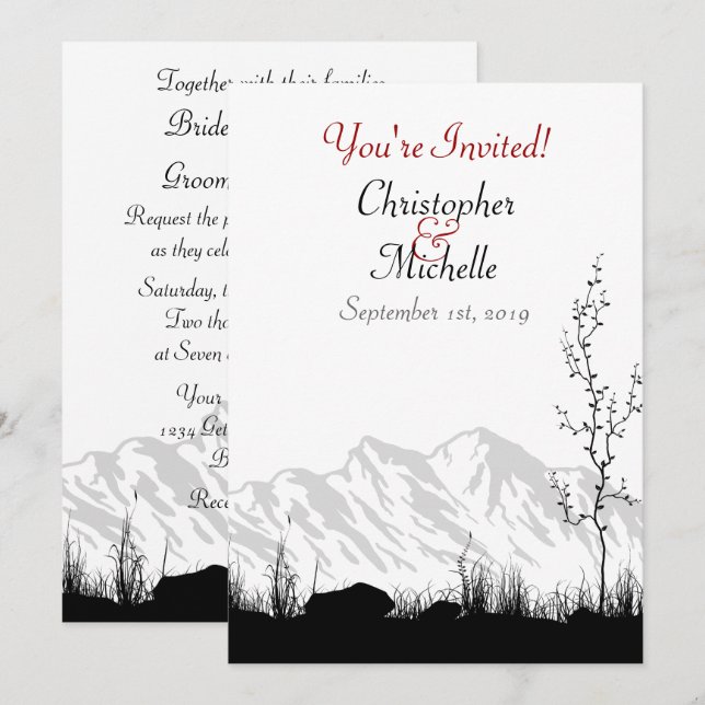 Silhouette Mountain Black, White and Red Wedding Einladung (Vorne/Hinten)