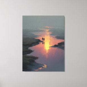 Silhouette Paar Sonnenuntergang Fluss Reflexion Leinwanddruck