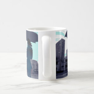 Silhouette parapluie dans la tasse de café bleu pl